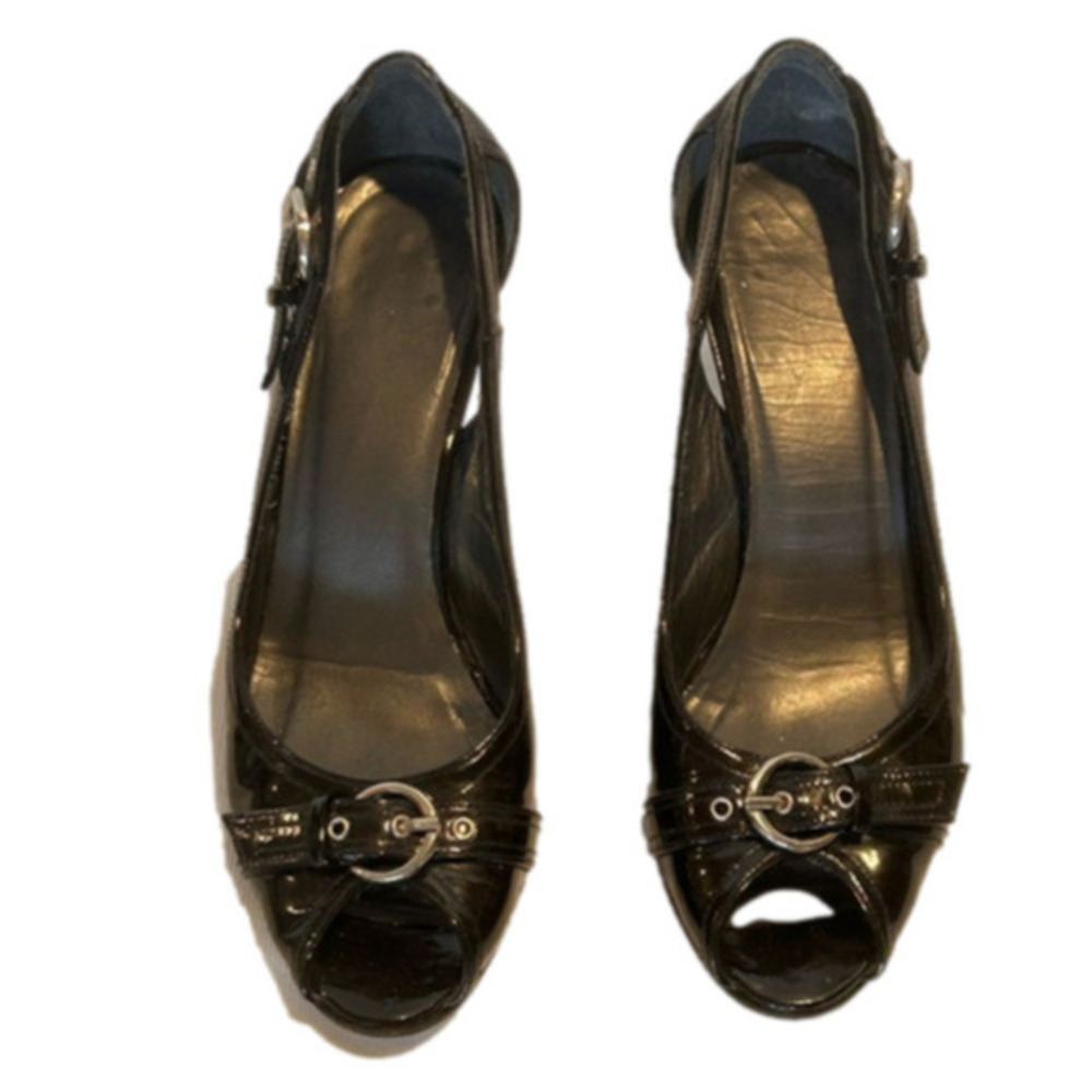 Black patent faux leather 3 1/2” peep toe high heel sling back shoe 8M